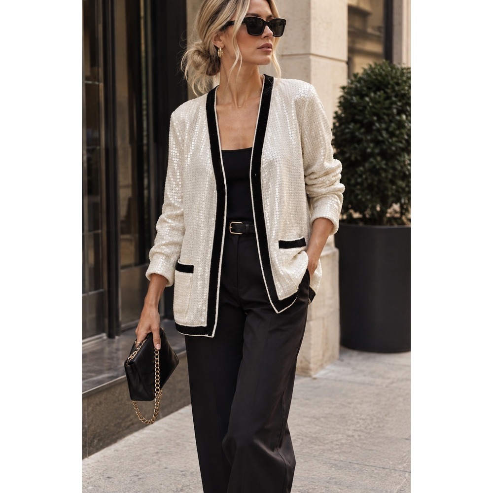 Rachel Zoe Sequin Cardigan Womens S White Black Beaded Trim Open Front